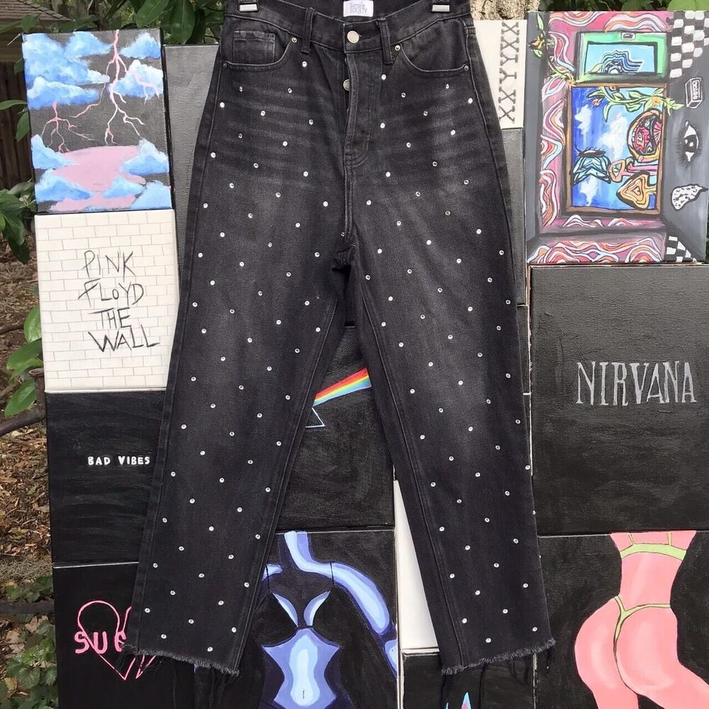 Ladies Simply Society Black Rhinestone Studded Button Fly Jeans Size 3